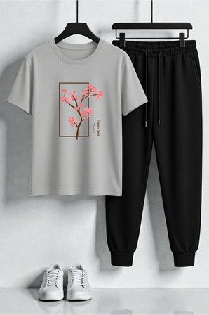 Unisex Cherry Tree Tasarım Baskılı Tişört - 2'li Eşofman Takımı