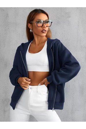 Unisex Lacivert Fermuar Kapüşonlu Sweatshirt