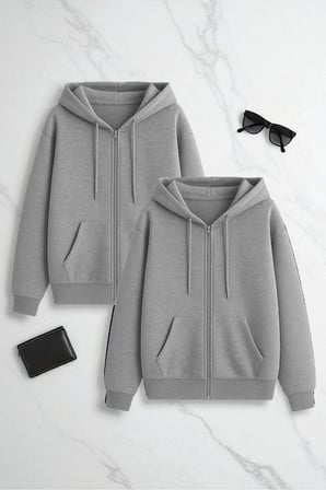 Unisex Gri Fermuar Kapüşonlu Sweatshirt 2 ' li Fırsat Paketi