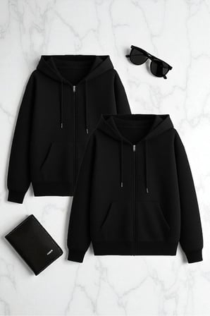 Unisex Siyah Fermuar Kapüşonlu Sweatshirt 2 ' li Fırsat Paketi