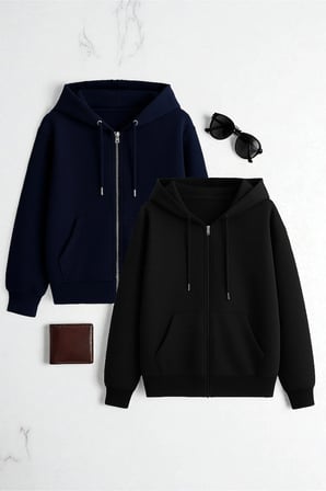Unisex Lacivert & Siyah Fermuar Kapüşonlu Sweatshirt 2 ' li Fırsat Paketi