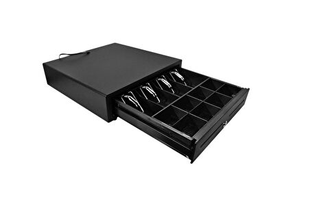 Metal Siyah Para Çekmecesi 4 Banknot 8 Bozuk Para Haznesi 41 x 41 - 10 Cm  RJ11 -12V - 3 Pozisyonlu Anahtar Kilidi 