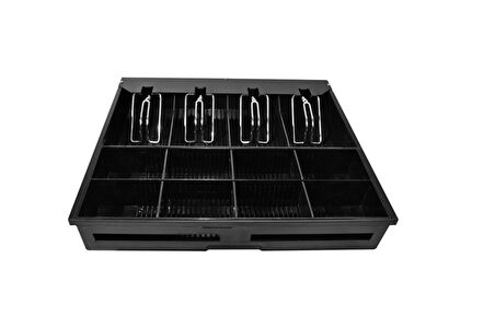 Metal Siyah Para Çekmecesi 4 Banknot 8 Bozuk Para Haznesi 41 x 41 - 10 Cm  RJ11 -12V - 3 Pozisyonlu Anahtar Kilidi 