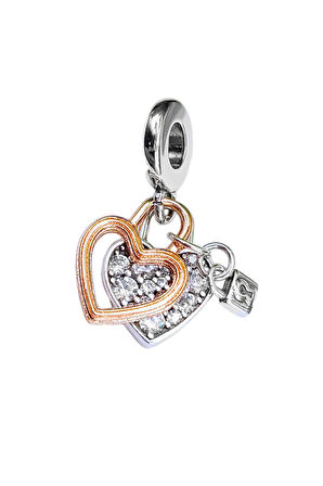 Çift Kademeli Kalp ve Asma Kilit Charm | 925 Ayar Gümüş