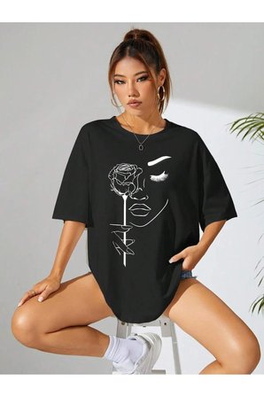 Unisex Gül & Siluet Baskılı Tasarım Tshirt