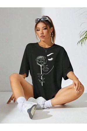 Unisex Gül & Siluet Baskılı Tasarım Tshirt