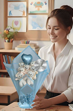 Öğretmen'e Hediye: Atatürk Temalı Aynalı Kalpli Balonlu 7’li Mavi Ayıcık Buketi-24 Kasım Öğretmenler Günü Hediyesi