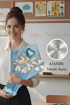 Öğretmen'e Hediye: Atatürk Temalı Aynalı Kalpli Balonlu 7’li Mavi Ayıcık Buketi-24 Kasım Öğretmenler Günü Hediyesi