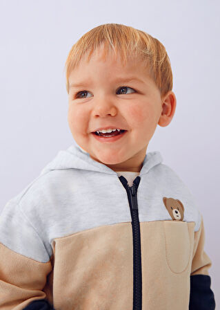 Mayoral 1-4 Yaş Erkek Bebek 3 Parçalı Eşofman Takımı | Kapüşonlu Fermuarlı Hırka + 2 Alt | Bej ve Lacivert Ayıcık Detaylı