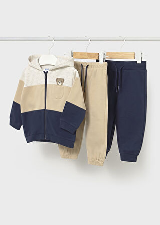 Mayoral 1-4 Yaş Erkek Bebek 3 Parçalı Eşofman Takımı | Kapüşonlu Fermuarlı Hırka + 2 Alt | Bej ve Lacivert Ayıcık Detaylı
