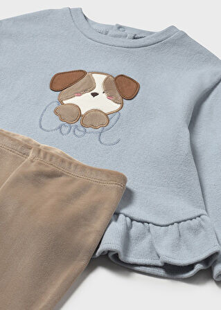 Mayoral 1-4 Yaş Kız Bebek İkili Takım – Köpek Desenli Mavi Sweat ve Kahve Kadife Dar Paça Tayt