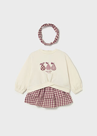 Mayoral Kız Bebek 3’lü Takım (1-4 Yaş) – Meyve Baskılı Sweatshirt, Ekose Etek ve Bandana