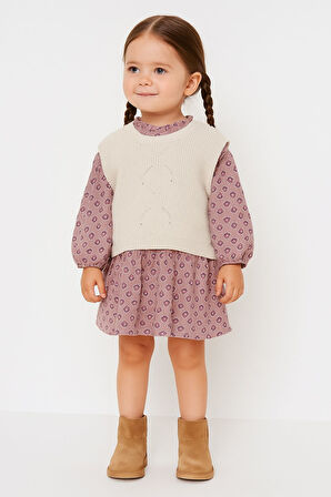 Mayoral Kız Bebek 2’li Takım (1-4 Yaş) – Çiçek Desenli Pembe Elbise ve Bej Örme Yelek