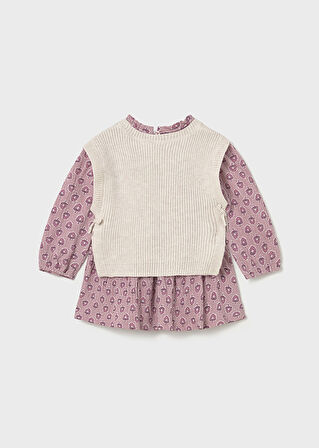Mayoral Kız Bebek 2’li Takım (1-4 Yaş) – Çiçek Desenli Pembe Elbise ve Bej Örme Yelek