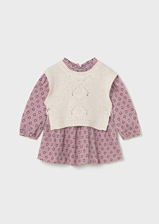Mayoral Kız Bebek 2’li Takım (1-4 Yaş) – Çiçek Desenli Pembe Elbise ve Bej Örme Yelek