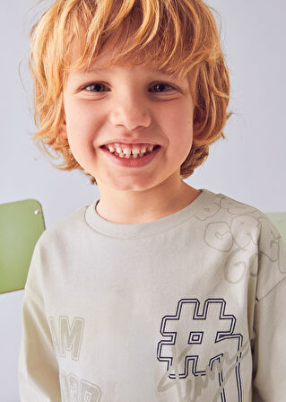 Mayoral Bej Renk Baskılı Erkek Çocuk Tişört | 4-10 Yaş, Bisiklet Yaka, Uzun Kollu, %100 Pamuk