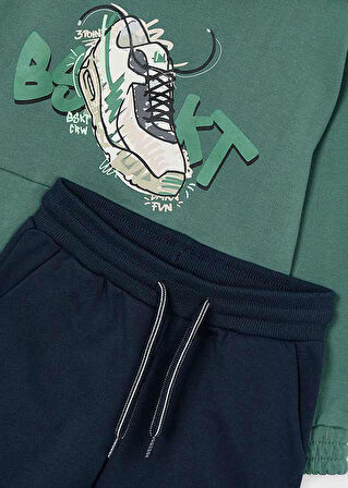 Mayoral 4-10 Yaş Erkek Çocuk Yeşil Kapüşonlu Baskılı Sweatshirt ve Siyah Eşofman Altı Takımı