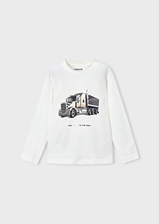 Kamyon Baskılı Krem Renk Bisiklet Yaka Uzun Kollu %100 Pamuk Erkek Çocuk Tişört | Mayoral 4-10 Yaş