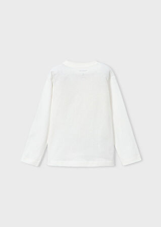 Kamyon Baskılı Krem Renk Bisiklet Yaka Uzun Kollu %100 Pamuk Erkek Çocuk Tişört | Mayoral 4-10 Yaş