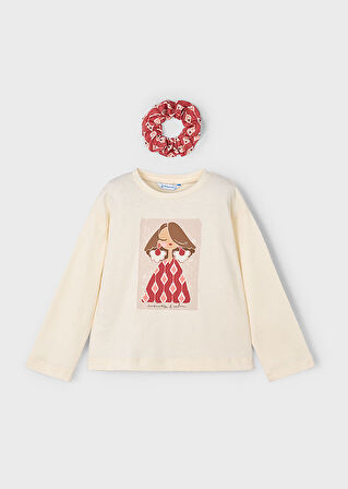 Mayoral Kız Çocuk 2’li Set (4-10 Yaş) – Krem Renk Baskılı Pamuk Bluz ve Çiçek Desenli Tokalı Set