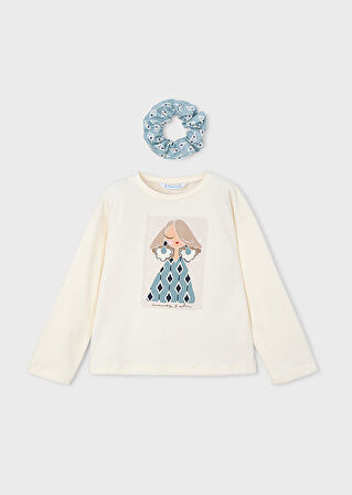 Mayoral Kız Çocuk 2’li Set (4-10 Yaş) – Krem Renk Baskılı Pamuk Bluz ve Çiçek Desenli Tokalı Set