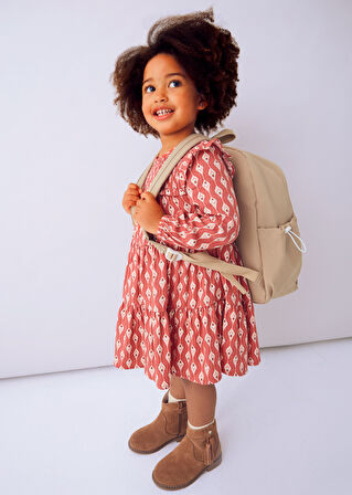 Mayoral Kız Çocuk Kırmızı Desenli Elbise (4-10 Yaş) – Uzun Kollu, Bisiklet Yaka, Pamuk Astarlı