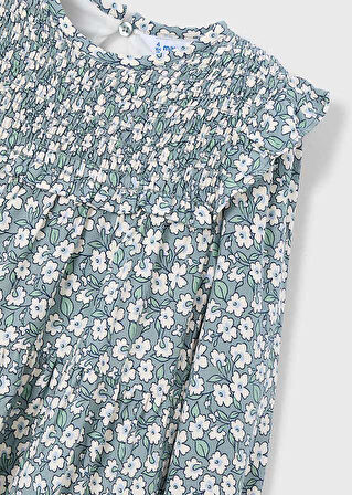 Mayoral Kız Çocuk Yeşil Desenli Elbise (4-10 Yaş) – Uzun Kollu, Bisiklet Yaka, Pamuk Astarlı