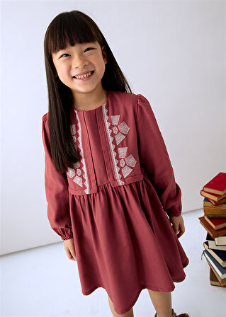 Mayoral 4-10 Yaş Kız Çocuk Kırmızı Etnik Desenli Elbise | Pamuk Astarlı