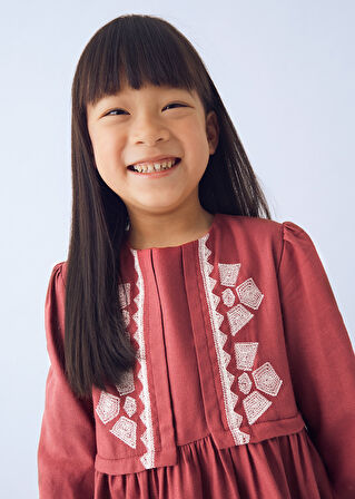 Mayoral 4-10 Yaş Kız Çocuk Kırmızı Etnik Desenli Elbise | Pamuk Astarlı