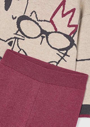 Mayoral Kız Çocuk Kazak ve Pantolon Takımı | Baskılı Kazak & Vişne Palazzo Pantolon | 4-10 Yaş