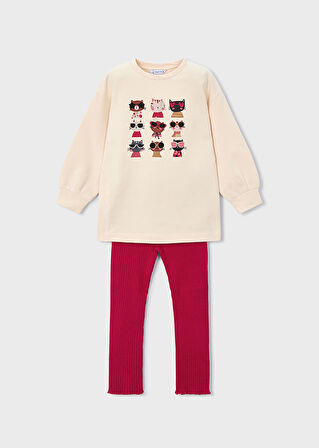 Mayoral 4-10 Yaş Kız Çocuk Bej Kedi Baskılı Şardonlu Sweat ve Kırmızı Kaşkorse Tayt Takım