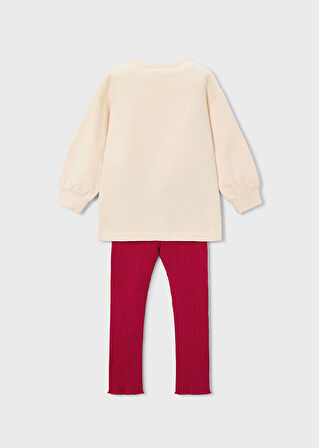 Mayoral 4-10 Yaş Kız Çocuk Bej Kedi Baskılı Şardonlu Sweat ve Kırmızı Kaşkorse Tayt Takım