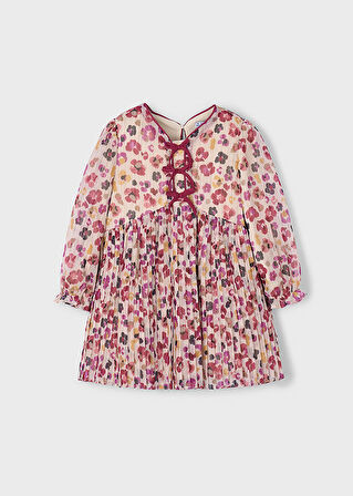 Mayoral Kız Çocuk Uzun Kollu Kırmızı Tül Elbise (4-10 Yaş) – Çiçek Desenli, Pamuk Astarlı, Kurdele Detaylı