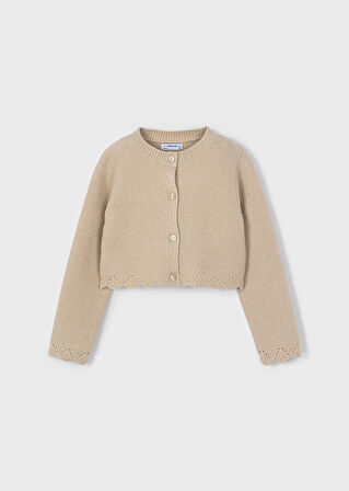 Mayoral 4-10 Yaş Kız Çocuk Bej Düğmeli Uzun Kollu Simli Hırka – Dantel Detaylı