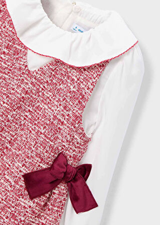 Mayoral 4-10 Yaş Kız Çocuk Kırmızı Fiyonklu Tüvit Askılı Elbise ve Beyaz Bluz Takımı