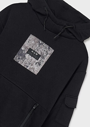 Mayoral Erkek Çocuk Siyah Kapüşonlu Şardonlu Sweatshirt | 10-16 Yaş, Cepli, Baskılı