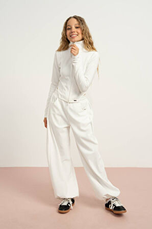Loco Loco Kız Çocuk Ekru Takım – Fermuarlı Üst ve Palazzo Pantolon (9-15 Yaş)