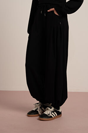 09-15 YAŞ ARASI KIZ ÇOCUK 2 İPLİK LASTİK PAÇA PANTOLON - SİYAH