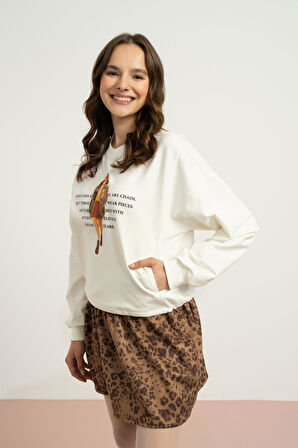 09-15 YAŞ ARASI KIZ ÇOCUK 2 İPLİK KIZ BASKILI SWEAT - EKRU