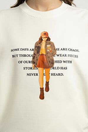 09-15 YAŞ ARASI KIZ ÇOCUK 2 İPLİK KIZ BASKILI SWEAT - EKRU