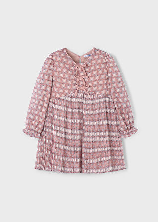 Mayoral Kız Çocuk Uzun Kollu Pembe Tül Elbise (4-10 Yaş) – Çiçek Desenli, Pamuk Astarlı, Kurdele Detaylı