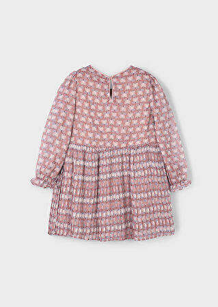 Mayoral Kız Çocuk Uzun Kollu Pembe Tül Elbise (4-10 Yaş) – Çiçek Desenli, Pamuk Astarlı, Kurdele Detaylı