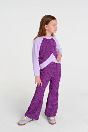 Kız Çocuk Lila Örme Crop Eşofman Takımı – 4-12 Yaş İspanyol Paça