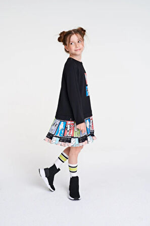 She&She Marka 4-12 Yaş Kız Çocuk Siyah Örme Kumaş Sweatshirt Üstlü Dalmaçyalı Köpek Desenli Pileli Elbise