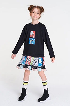 She&She Marka 4-12 Yaş Kız Çocuk Siyah Örme Kumaş Sweatshirt Üstlü Dalmaçyalı Köpek Desenli Pileli Elbise