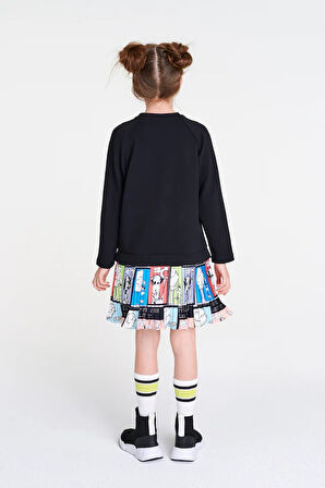 She&She Marka 4-12 Yaş Kız Çocuk Siyah Örme Kumaş Sweatshirt Üstlü Dalmaçyalı Köpek Desenli Pileli Elbise