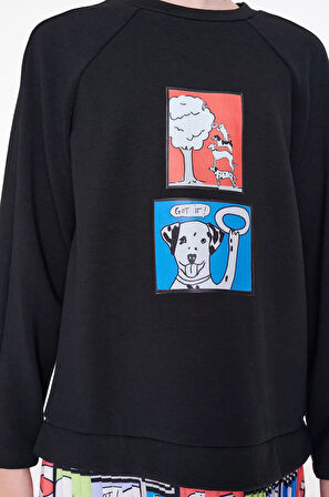 She&She Marka 4-12 Yaş Kız Çocuk Siyah Örme Kumaş Sweatshirt Üstlü Dalmaçyalı Köpek Desenli Pileli Elbise