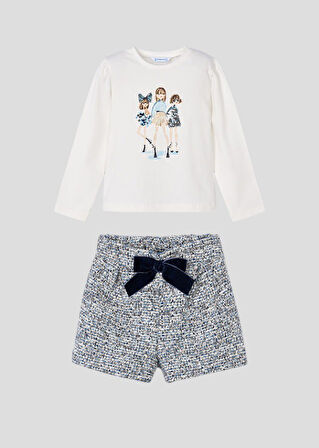 Mayoral 4-10 Yaş Kız Çocuk Bluz ve Şort Takımı | Ekru Renk, Pul Detaylı Bluz & Dokuma Şort