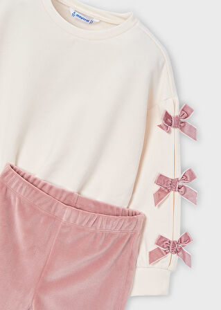 Mayoral 4-10 Yaş Kız Çocuk Krem Renk Şardonlu Fiyonk Detaylı Sweat ve Pembe Kadife Tayt 2’li Takım