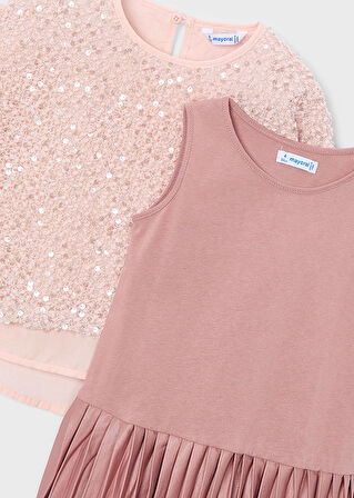 Mayoral Kız Çocuk Askılı Elbise ve Kazak Takımı (4-10 Yaş) – Pembe Pileli Elbise, Payetli Kazak